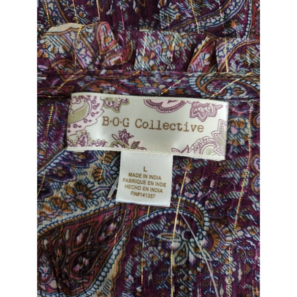 BOG Collective Band of Gypsies sheer ruffle sleeve shirt sz L Paisley metallic - Picture 6 of 9